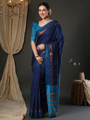 Women's Aura Silk Navy Blue Woven Design Designer Saree With Blouse Piece