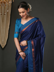 Women's Aura Silk Navy Blue Woven Design Designer Saree With Blouse Piece