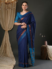 Women's Aura Silk Navy Blue Woven Design Designer Saree With Blouse Piece