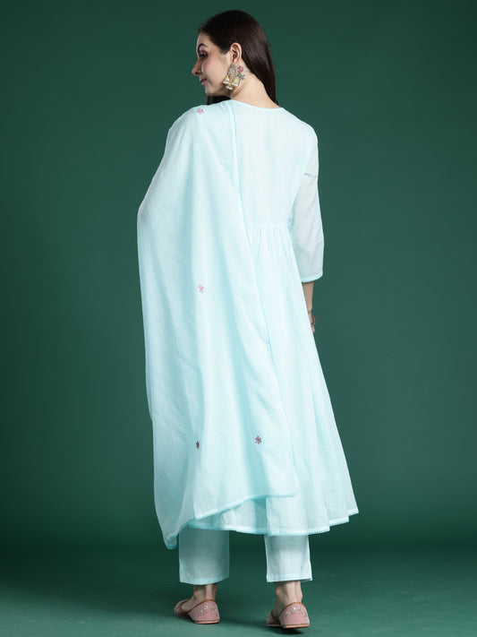 Blue Embroidered A-Line Kurta Trousers With Dupatta Set