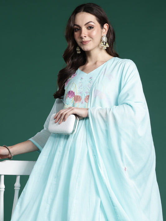 Blue Embroidered A-Line Kurta Trousers With Dupatta Set