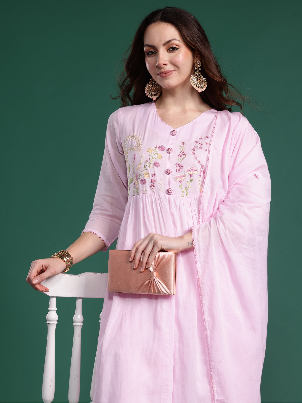 Pink Embroidered A-Line Kurta With Dupatta Set