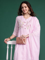 Pink Embroidered A-Line Kurta With Dupatta Set