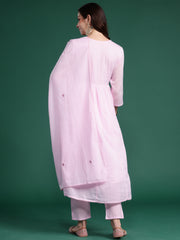Pink Embroidered A-Line Kurta With Dupatta Set
