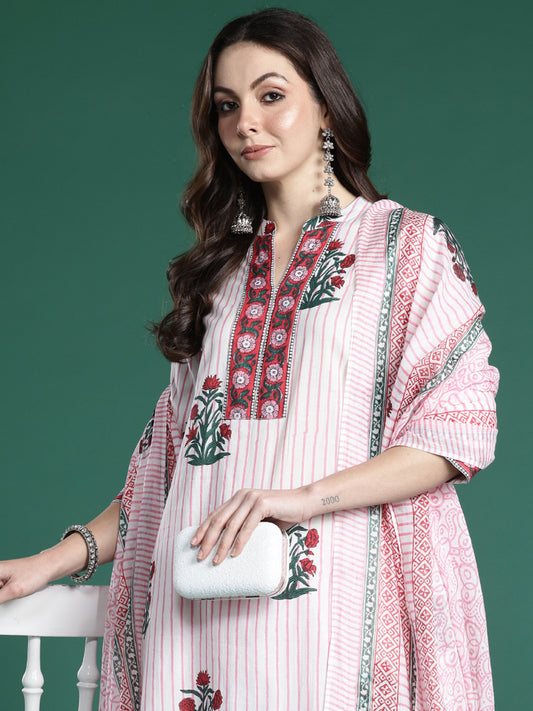 Indo Era Pink Printed Straight Kurta Trousers With Dupatta Set