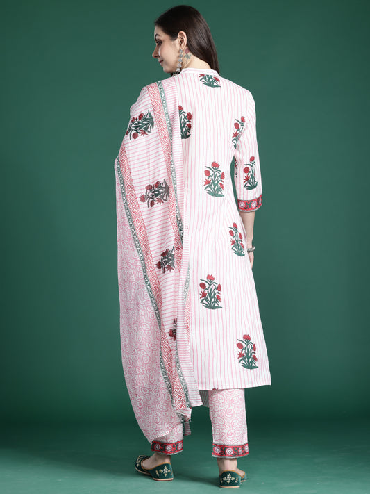 Indo Era Pink Printed Straight Kurta Trousers With Dupatta Set