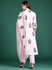 Indo Era Pink Printed Straight Kurta Trousers With Dupatta Set
