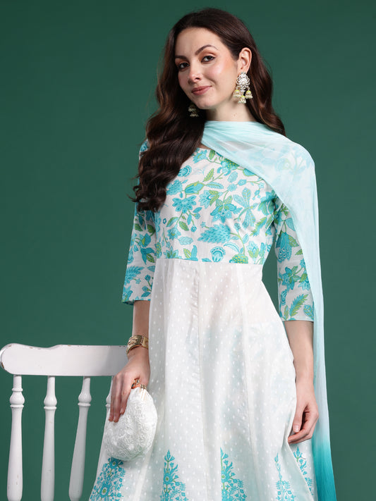 Indo Era White Printed Anarkali Kurta Trousers With Dupatta Set