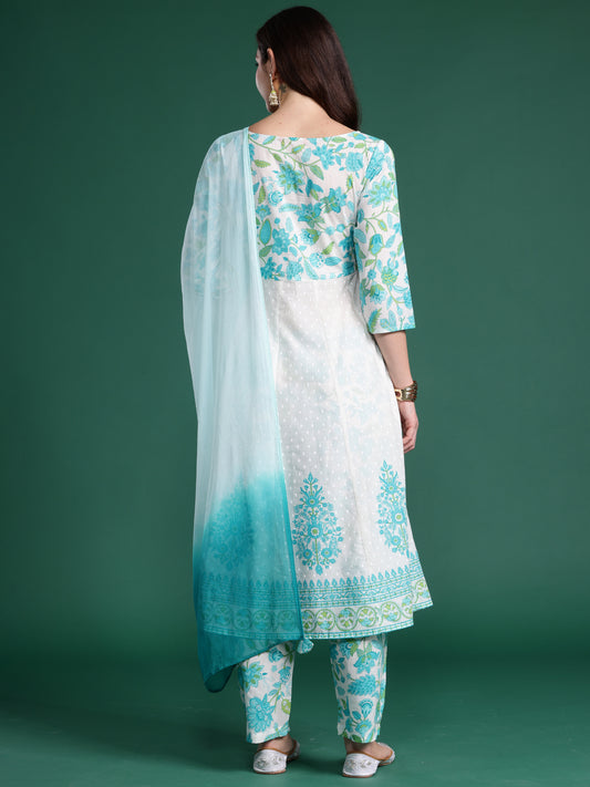 Indo Era White Printed Anarkali Kurta Trousers With Dupatta Set