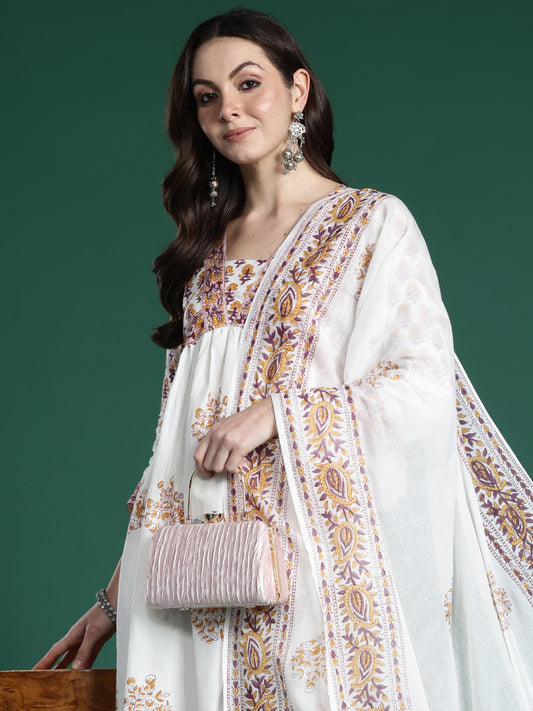 Indo Era White Printed A-Line Kurta Trousers With Dupatta Set