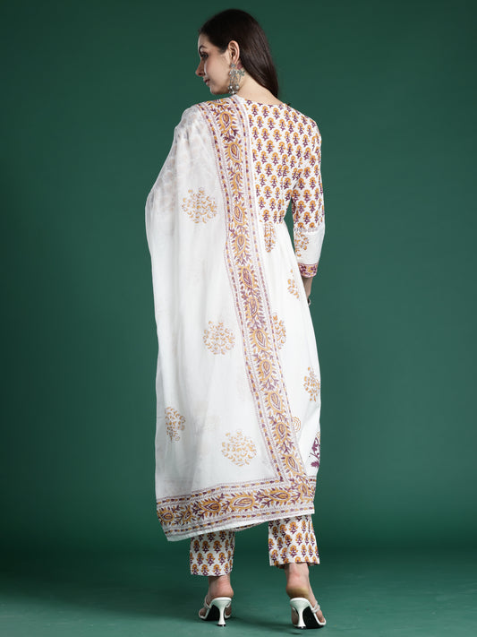 Indo Era White Printed A-Line Kurta Trousers With Dupatta Set