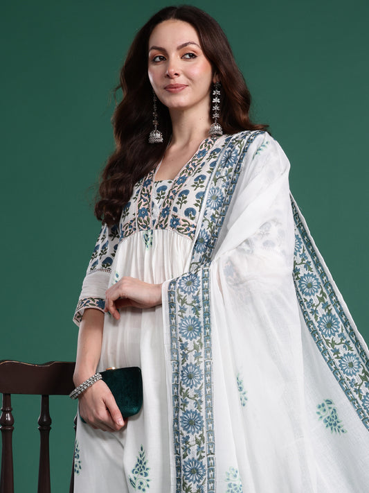Indo Era White Printed A-Line Kurta Trousers With Dupatta Set