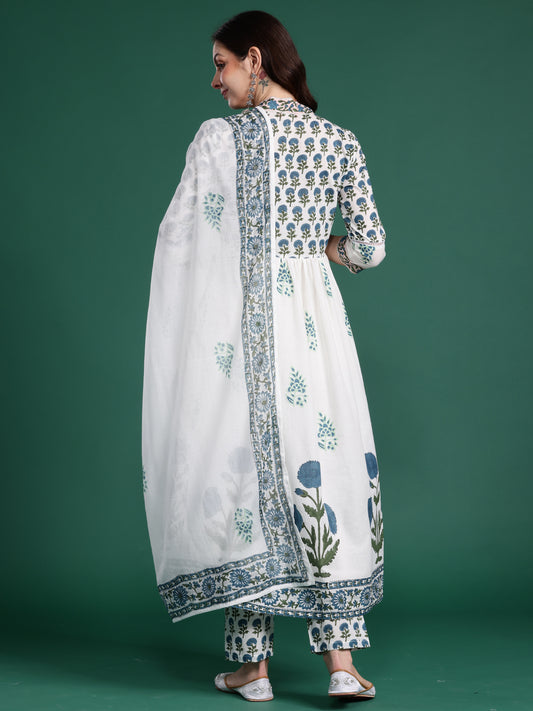 Indo Era White Printed A-Line Kurta Trousers With Dupatta Set