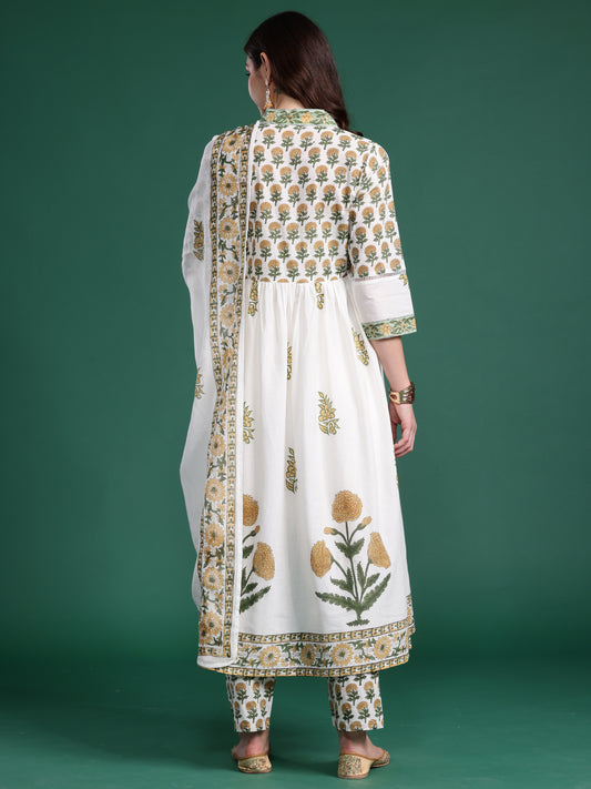 Indo Era White Printed A-Line Kurta Trousers With Dupatta Set