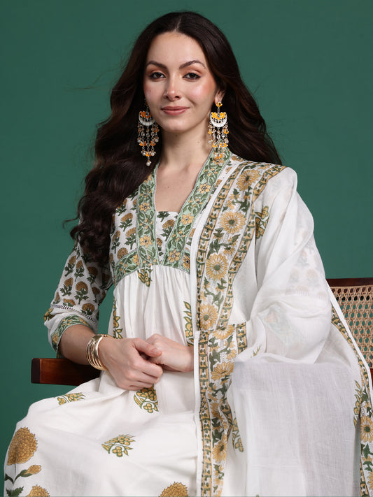 Indo Era White Printed A-Line Kurta Trousers With Dupatta Set
