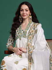 Indo Era White Printed A-Line Kurta Trousers With Dupatta Set