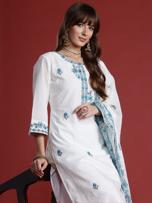 Indo Era White Embroidered Straight Kurta Trousers With Dupatta Set
