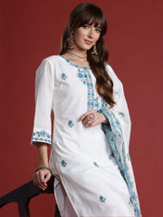 Indo Era White Embroidered Straight Kurta Trousers With Dupatta Set