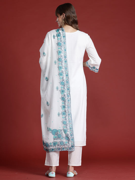 Indo Era White Embroidered Straight Kurta Trousers With Dupatta Set
