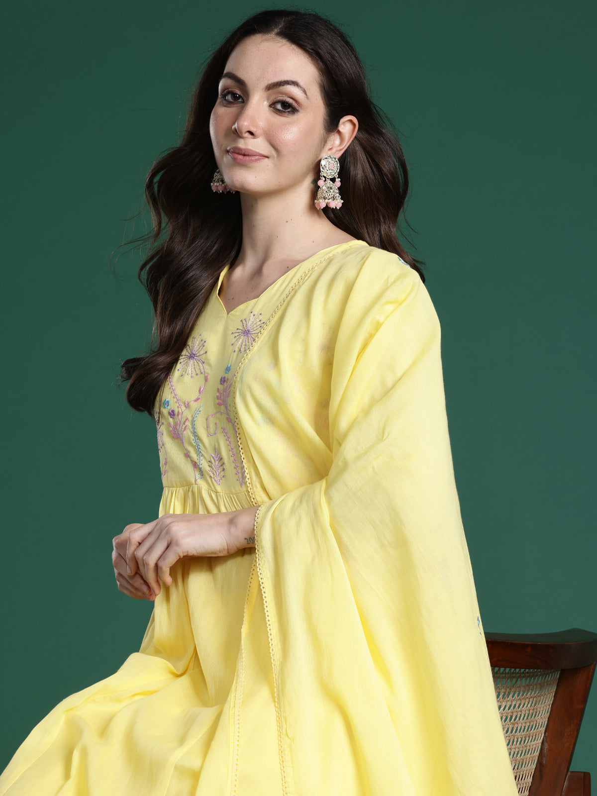 Indo Era Yellow Embroidered A-Line Kurta Trousers With Dupatta Set