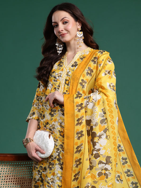 Indo Era Yellow Printed Straight Kurta Trousers With Dupatta Set
