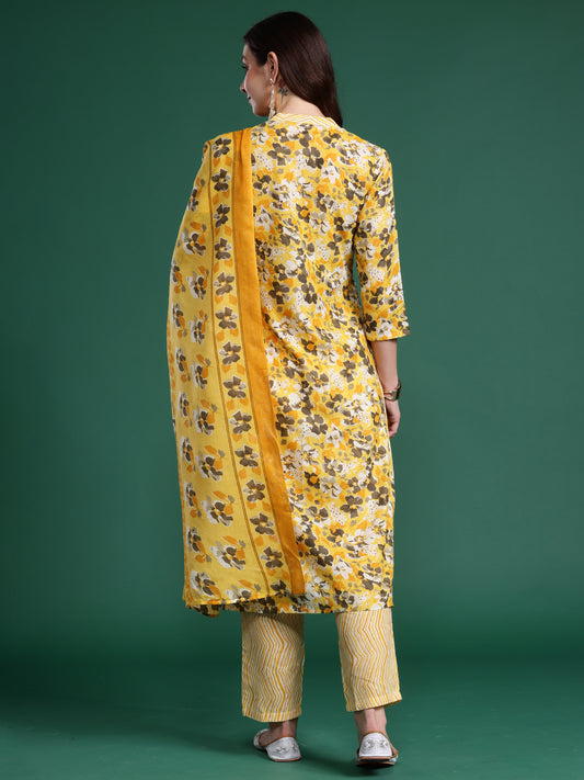 Indo Era Yellow Printed Straight Kurta Trousers With Dupatta Set