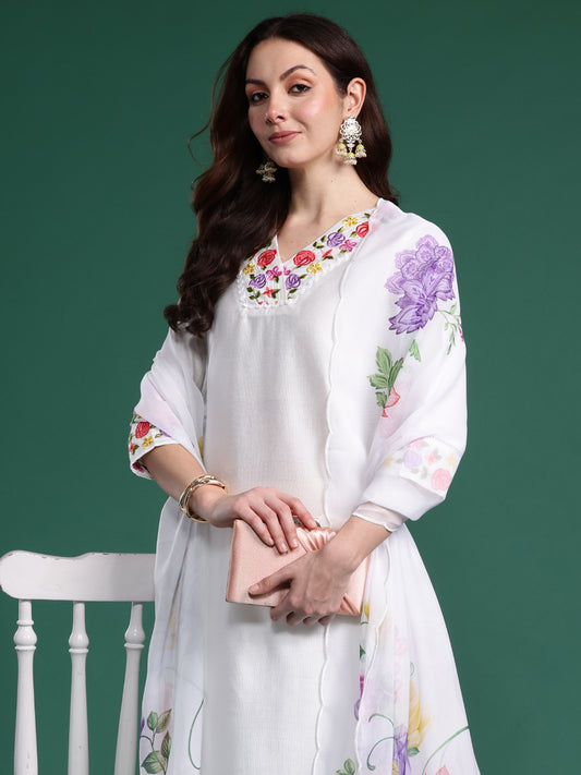 White Embroidered Straight Kurta Trousers With Dupatta Set