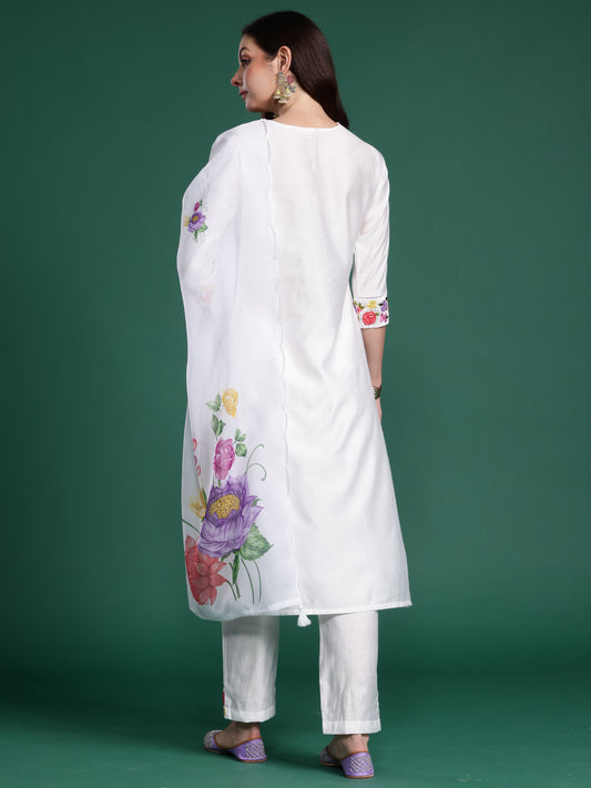 Indo Era White Embroidered Straight Kurta Trousers With Dupatta Set
