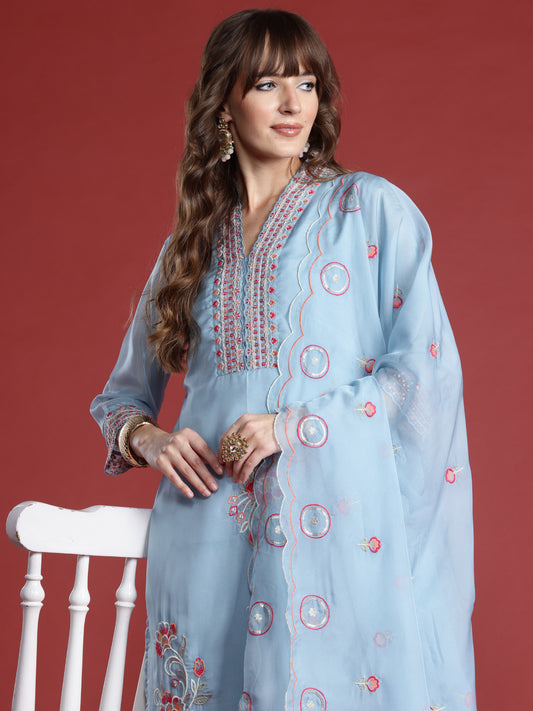 Indo Era Blue Embroidered Straight Kurta Trousers With Dupatta Set