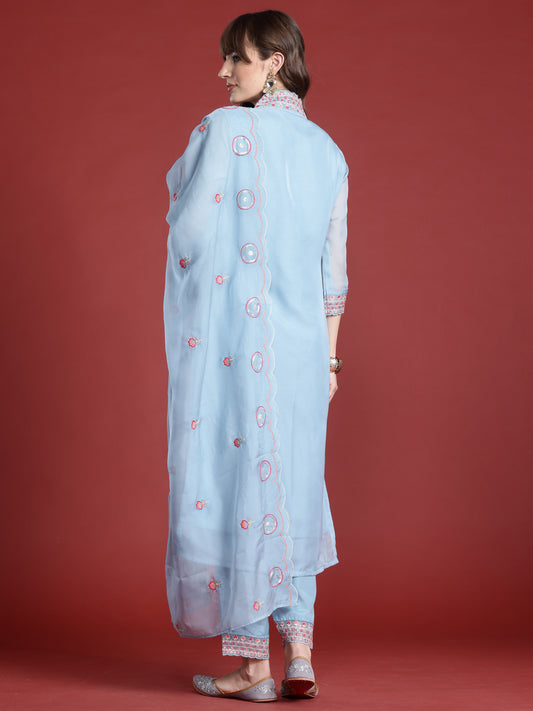 Indo Era Blue Embroidered Straight Kurta Trousers With Dupatta Set