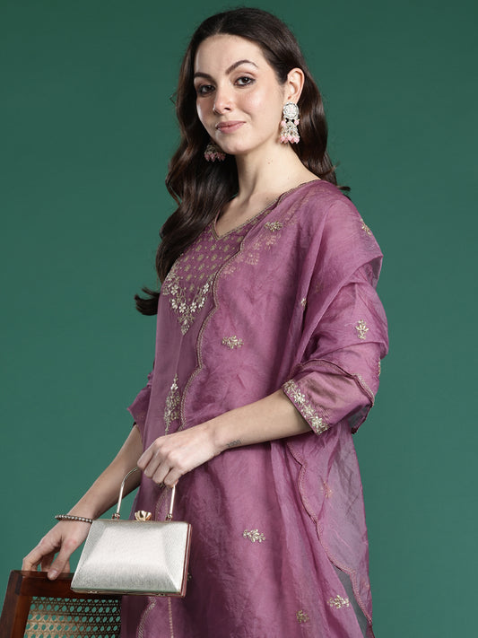 Indo Era Lavender Embroidered Straight Kurta Trousers With Dupatta Set