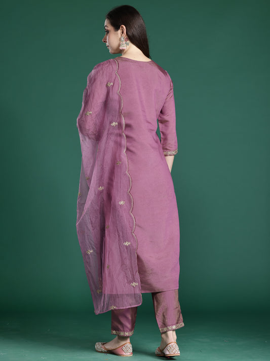 Indo Era Lavender Embroidered Straight Kurta Trousers With Dupatta Set