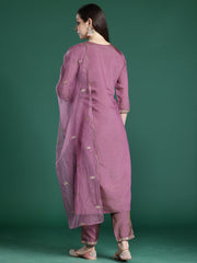 Indo Era Lavender Embroidered Straight Kurta Trousers With Dupatta Set