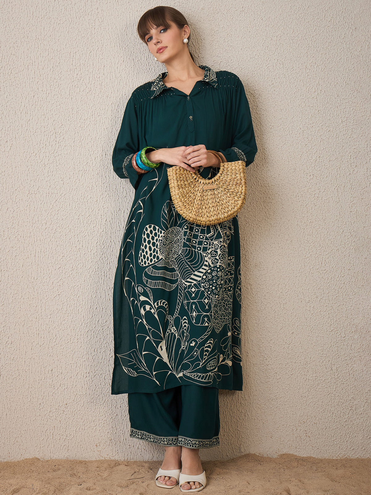 Green Printed A-Line Kurta Trousers set