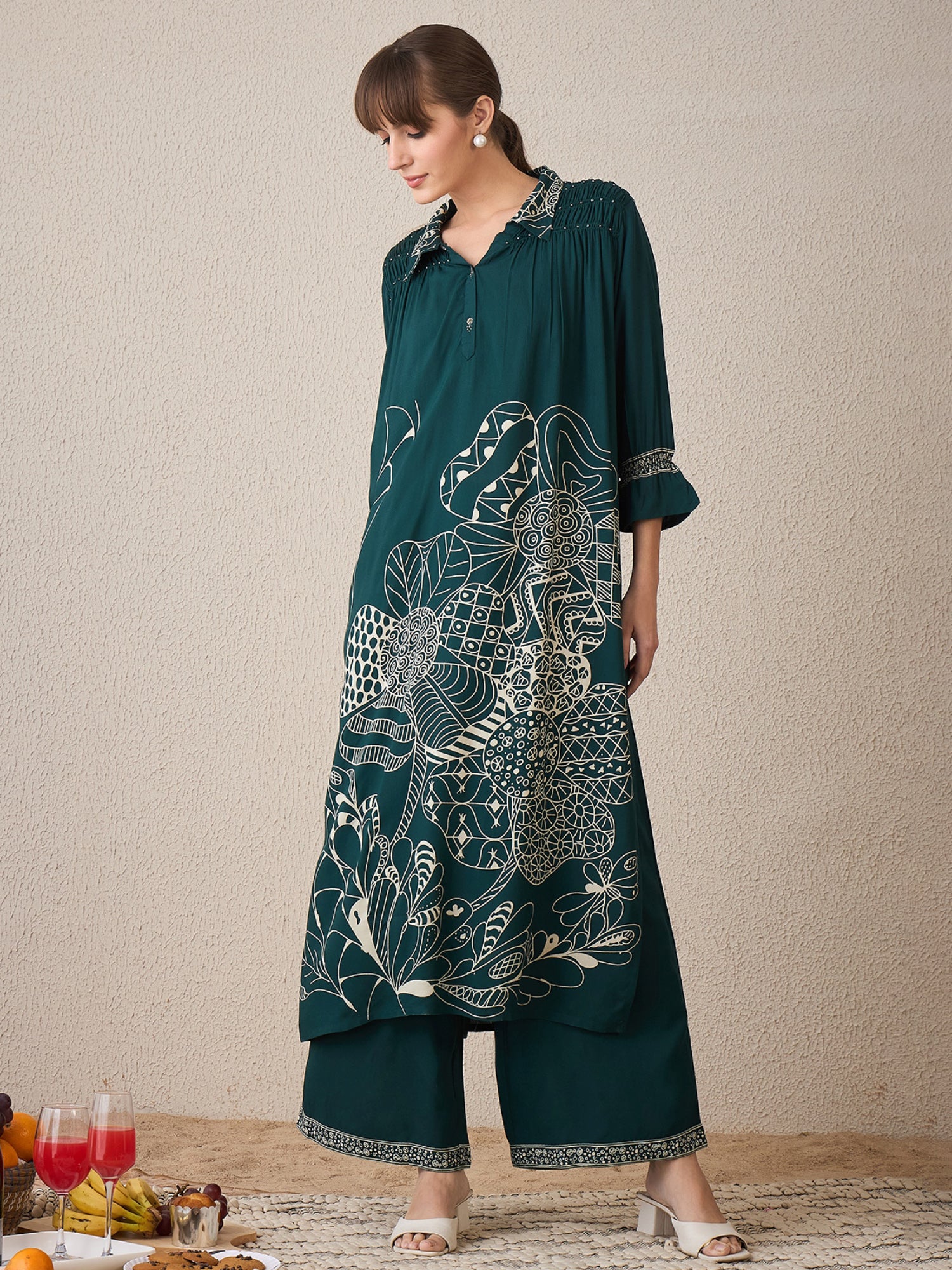 Green Printed A-Line Kurta Trousers set
