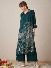 Green Printed A-Line Kurta Trousers set