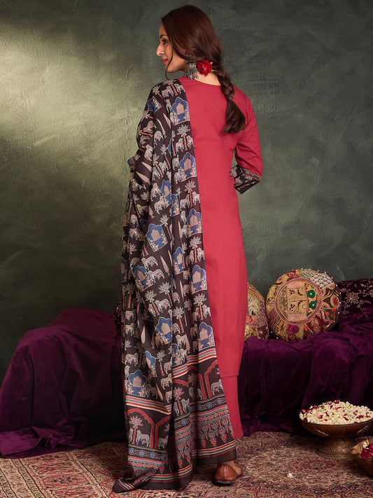 Indo Era Maroon Self Design Straight Kurta Trousers With Dupatta Set