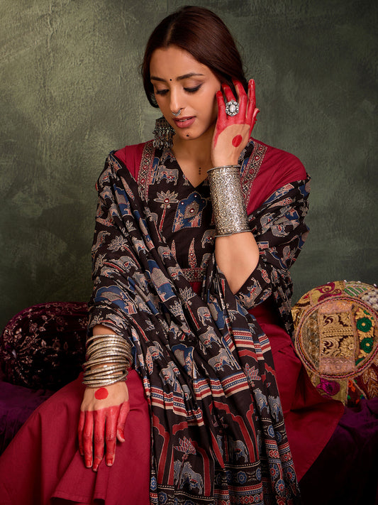 Indo Era Maroon Self Design Straight Kurta Trousers With Dupatta Set
