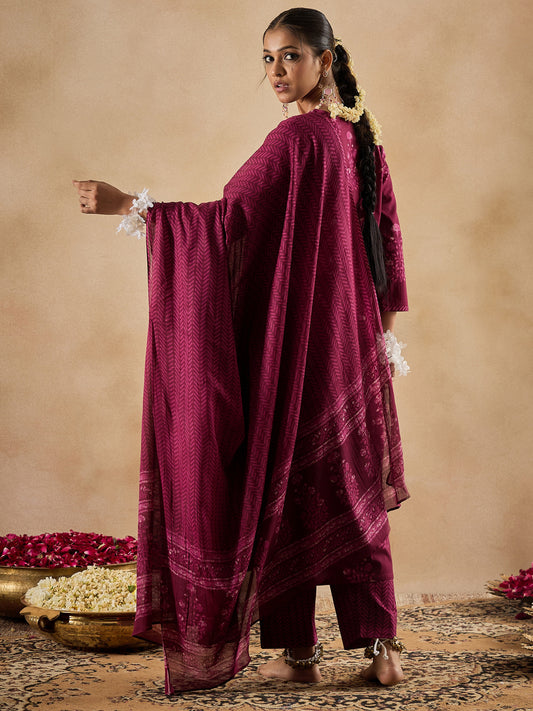Indo Era Burgundy Printed Straight Kurta Trousers With Dupatta Set