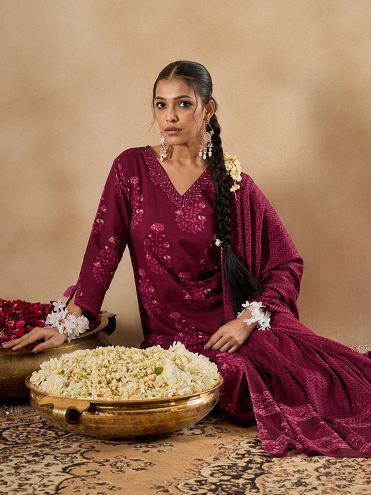 Indo Era Burgundy Printed Straight Kurta Trousers With Dupatta Set