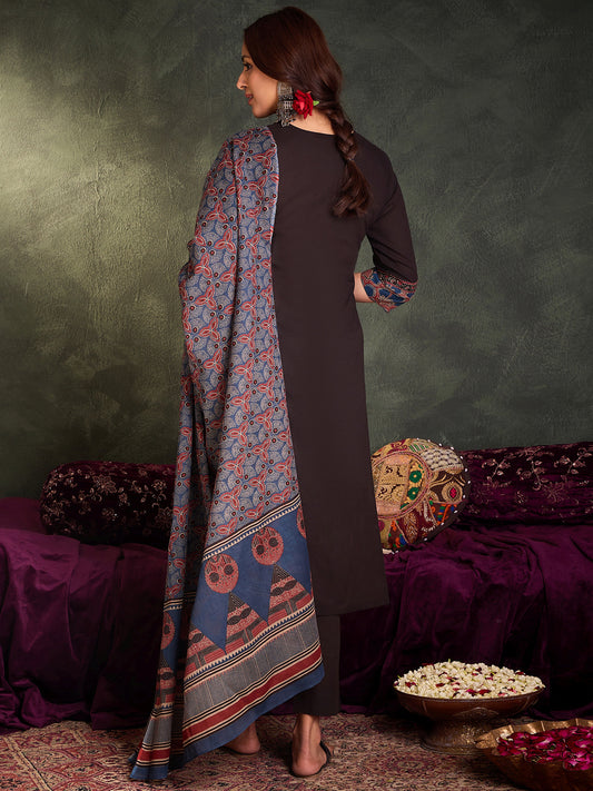 Indo Era Black Self Design Straight Kurta Trousers With Dupatta Set