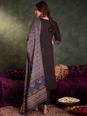 Indo Era Black Self Design Straight Kurta Trousers With Dupatta Set