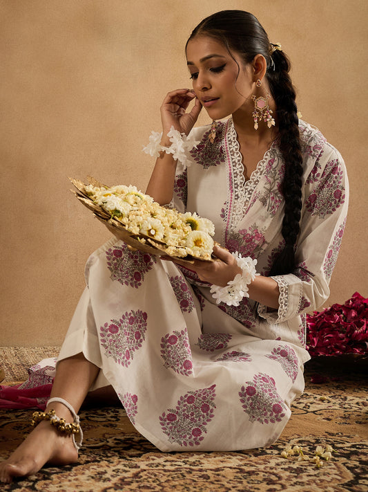 Indo Era White Printed Straight Kurta Trousers With Dupatta Set