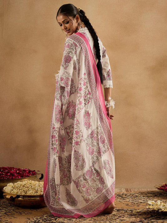 Indo Era White Printed Straight Kurta Trousers With Dupatta Set