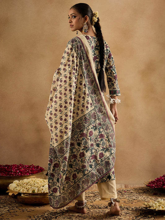 Indo Era Off White Printed Straight Kurta Trousers With Dupatta Set