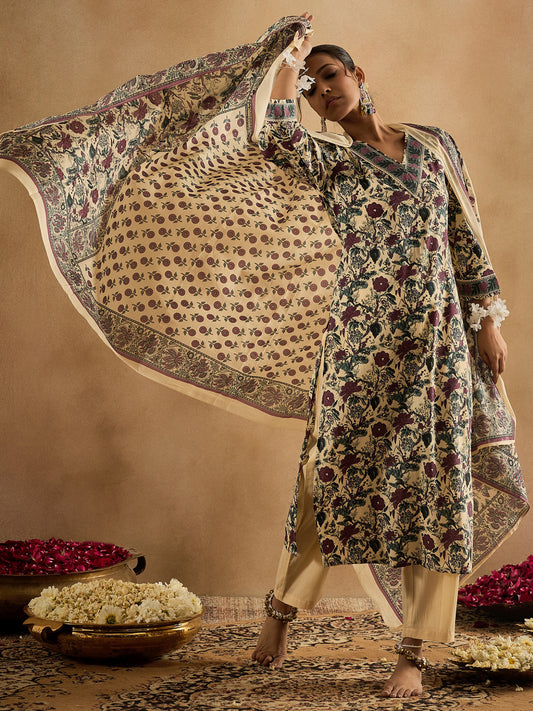 Indo Era Off White Printed Straight Kurta Trousers With Dupatta Set