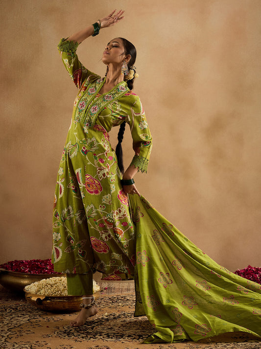 Indo Era Green Printed A-Line Kurta Trousers With Dupatta Set