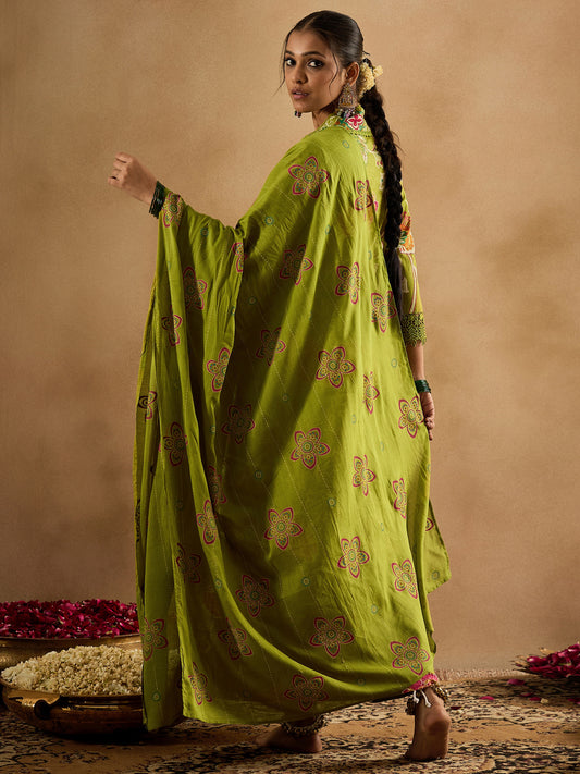 Indo Era Green Printed A-Line Kurta Trousers With Dupatta Set