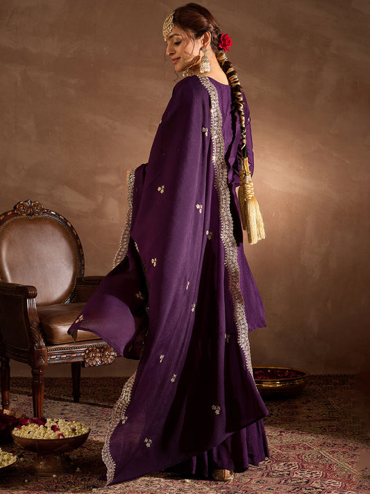 Indo era Purple Embroidered Straight Kurta Sharara With Dupatta Set