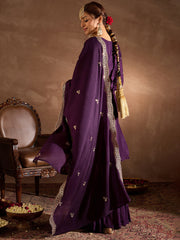Indo era Purple Embroidered Straight Kurta Sharara With Dupatta Set